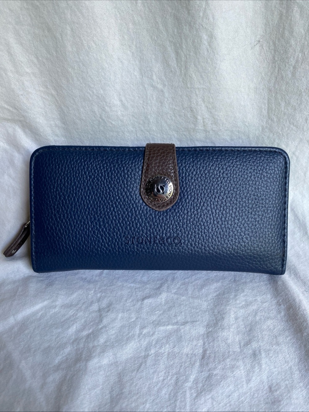 NWOT Stone & Co Wallet Blue Pebbled Leather Zip/Snap Organizer Clutch 7.5X4